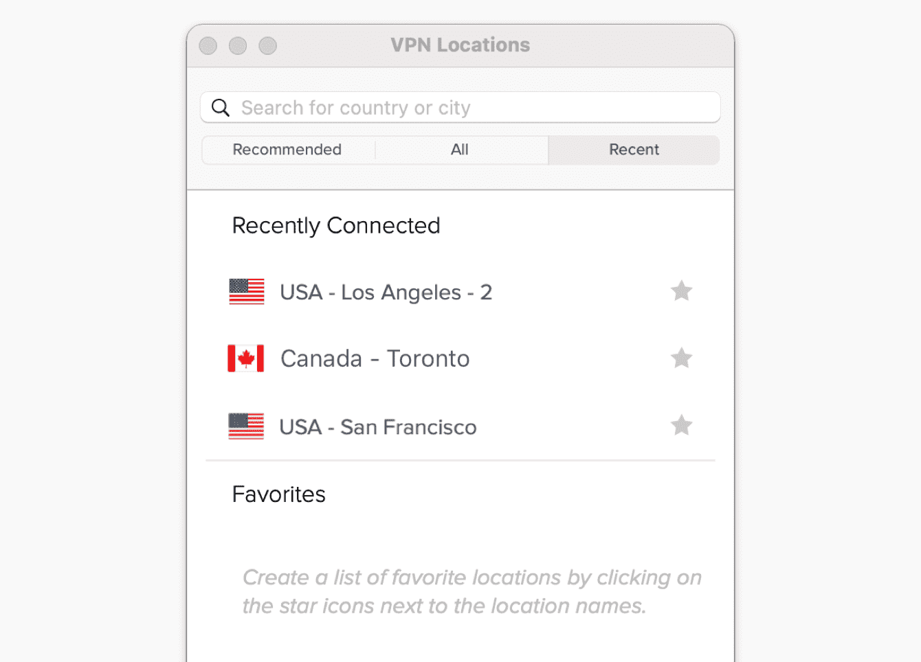 Вкладка "Предыдущие" в приложении ExpressVPN.