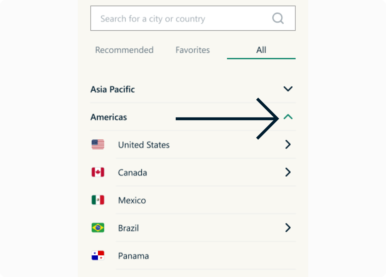 An image on the location picker screen, with an arrow pointing to the expand icon. 