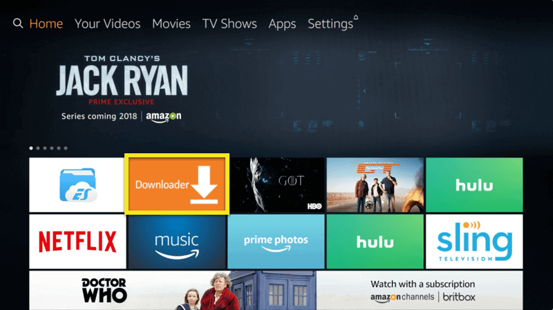 Экран Amazon Fire TV с выделенной кнопкой Downloader.